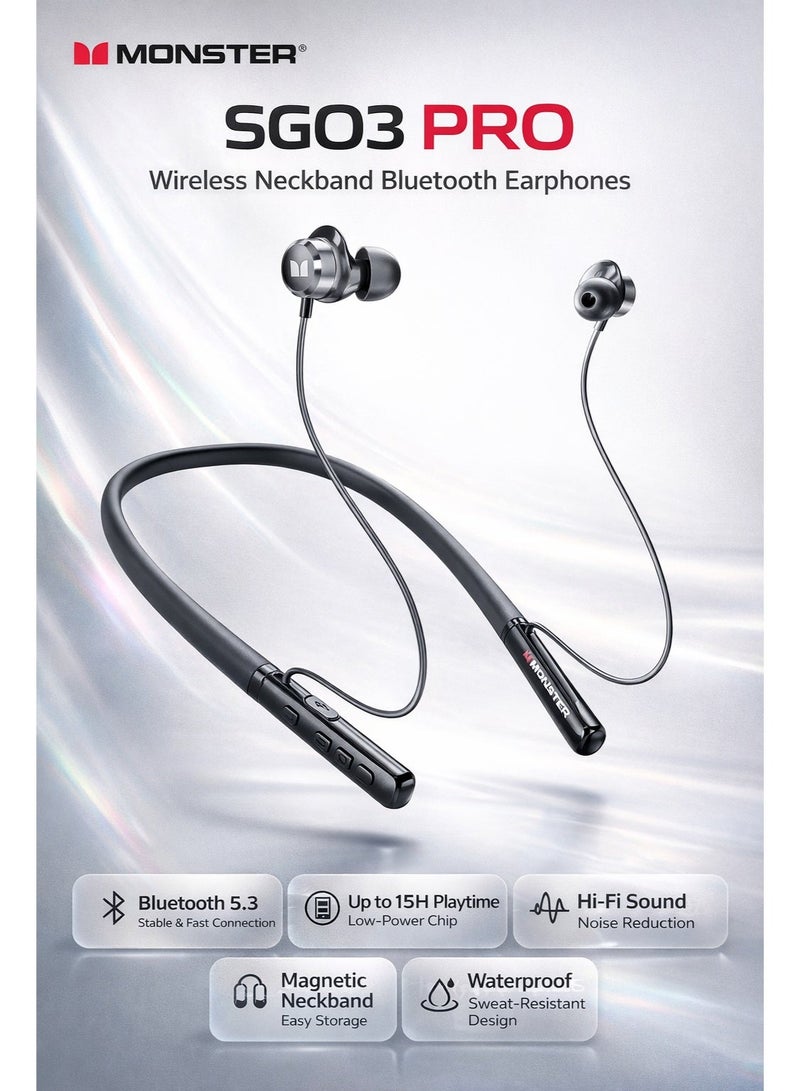 Monster SGO3 Pro Wireless Earphones Bluetooth 5.3 Magnetic Neckband Sports Headset, Waterproof, HiFi Sound, Type-C Fast Charging, Up to 15 Hours Playtime - Image 1